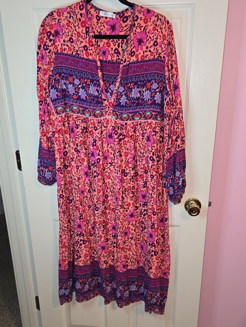 Floral Long-Sleeve V-Neck Maxi Dress in Pink and Purple